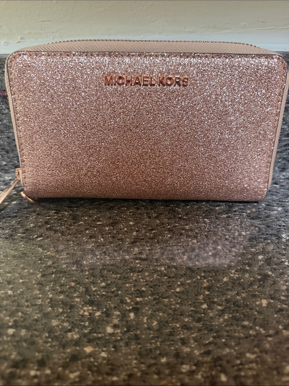 Michael Kors Glitter Zip Around Wallet in Rose Gold